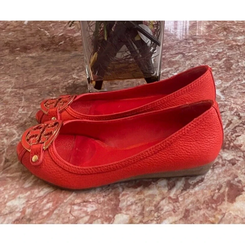 Tory Burch Amanda Orange Red Leather Open Toe Wedge Heel Shoes 10M ‎ EUC! $278